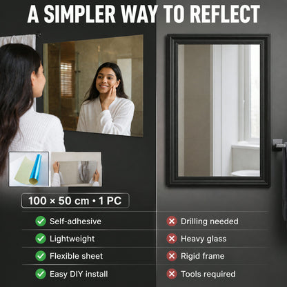 A woman looking into a mirror sheet next to a framed mirror, highlighting product benefits.