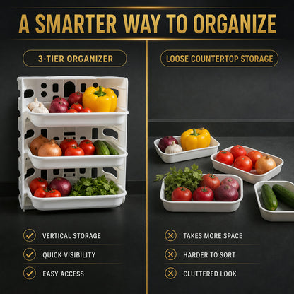 Comparison infographic showing the organized 3-tier rack with vegetables versus loose countertop storage.