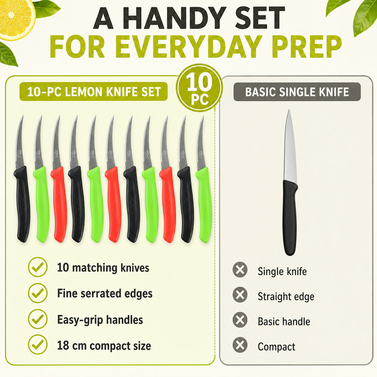 Lemon Knife Set – 10 Pc Stainless Steel Kitchen Cutting Knives