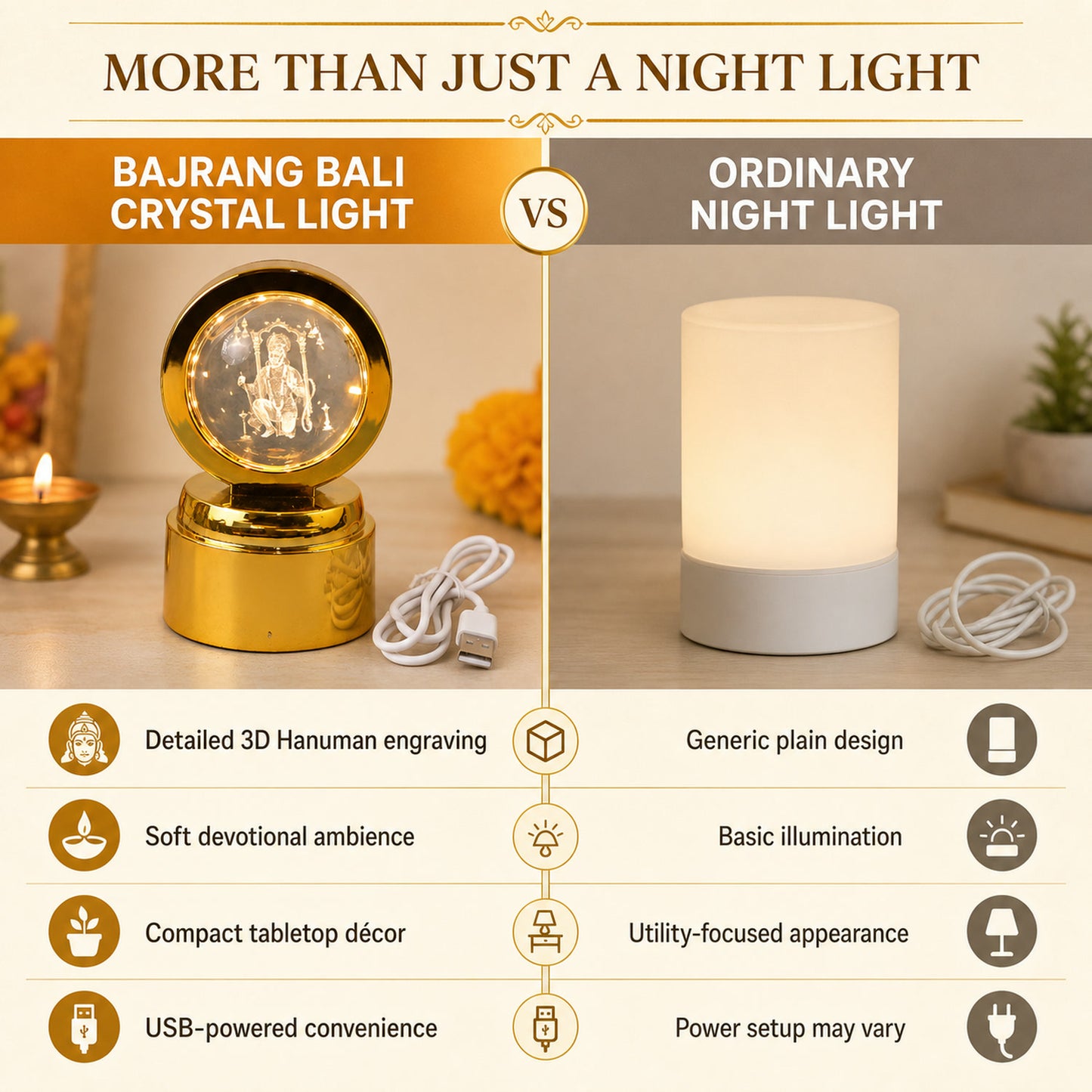 Bajrang Bali 3D Crystal Ball Night Light – Soothing LED Glow