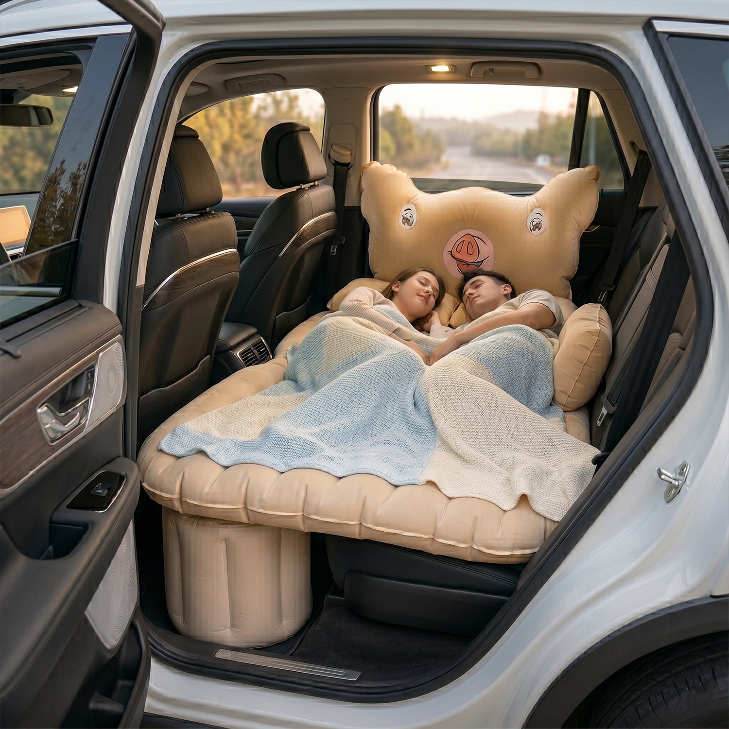 Couple resting comfortably on car air mattress bed