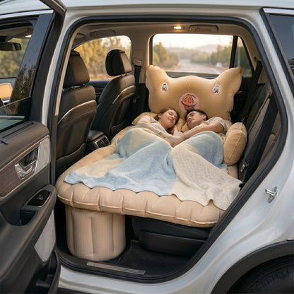 Couple resting comfortably on car air mattress bed