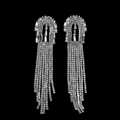 Tassel Crystal Fringe Rhinestone Studded Dangle Earrings Alloy Tassel Earring