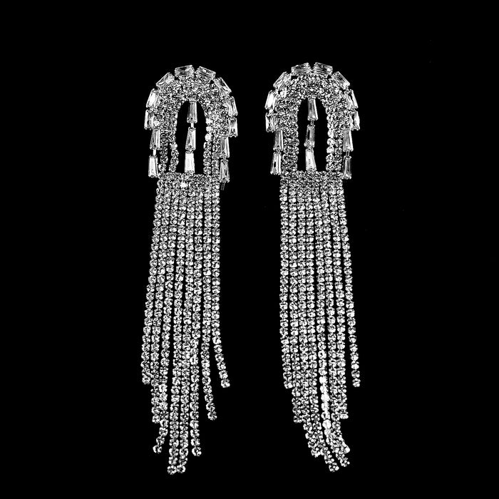 Tassel Crystal Fringe Rhinestone Studded Dangle Earrings Alloy Tassel Earring