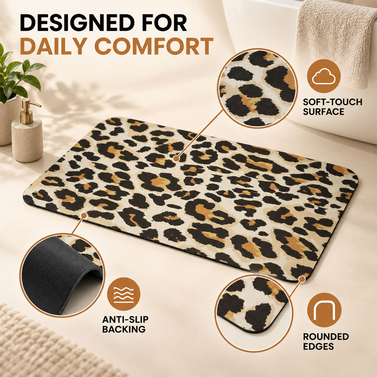 Absorbent Bathroom Mat, Leopard Print Quick Dry Bath Mat (1 Pc, 50x80 Cm)