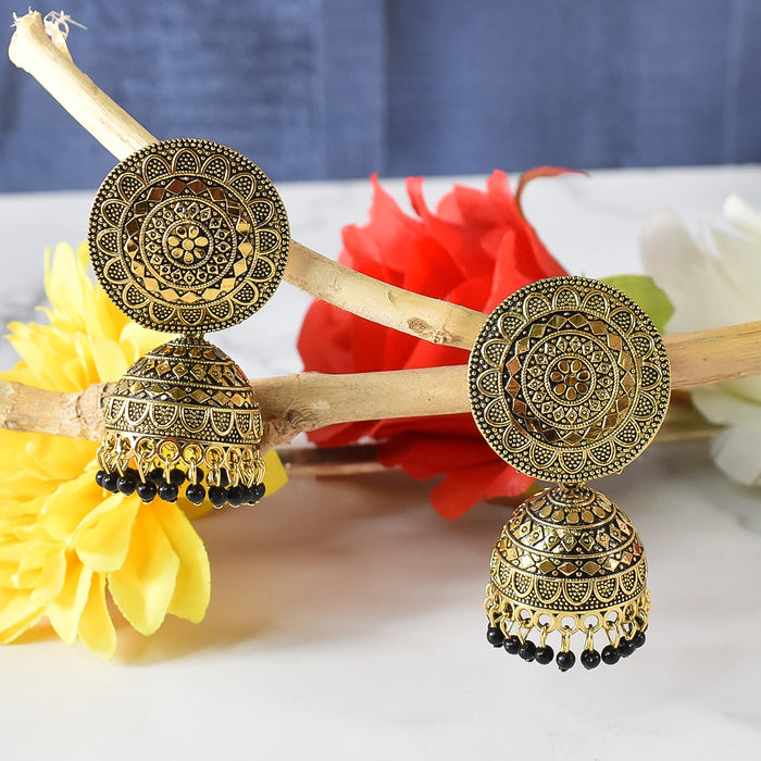 Elegant Gold-Coloured Jhumka Earrings with Intricate Design