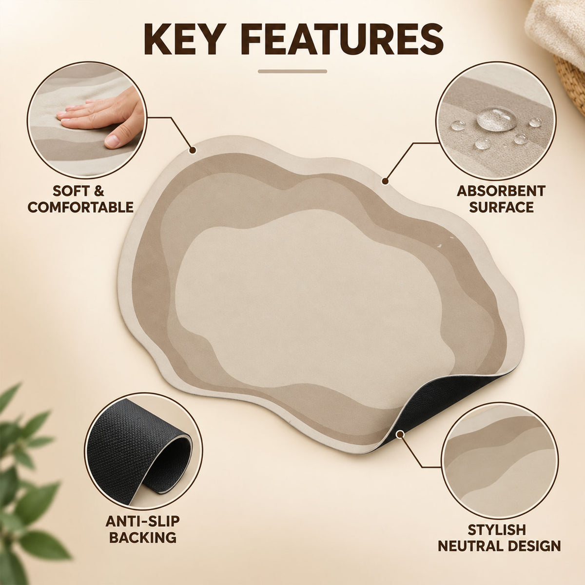Decorative Wavy Shaped Bathroom Floor Mat for Indoor Home Use (1 Pc, 60x38 Cm)