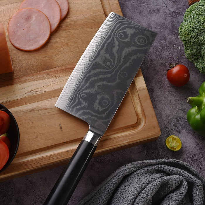 Stainless Steel Chef Damascus Cleaver Vegetable Knife with Plastic Handle & Cover, Multipurpose Use for Kitchen or Restaurant (12 Inch)