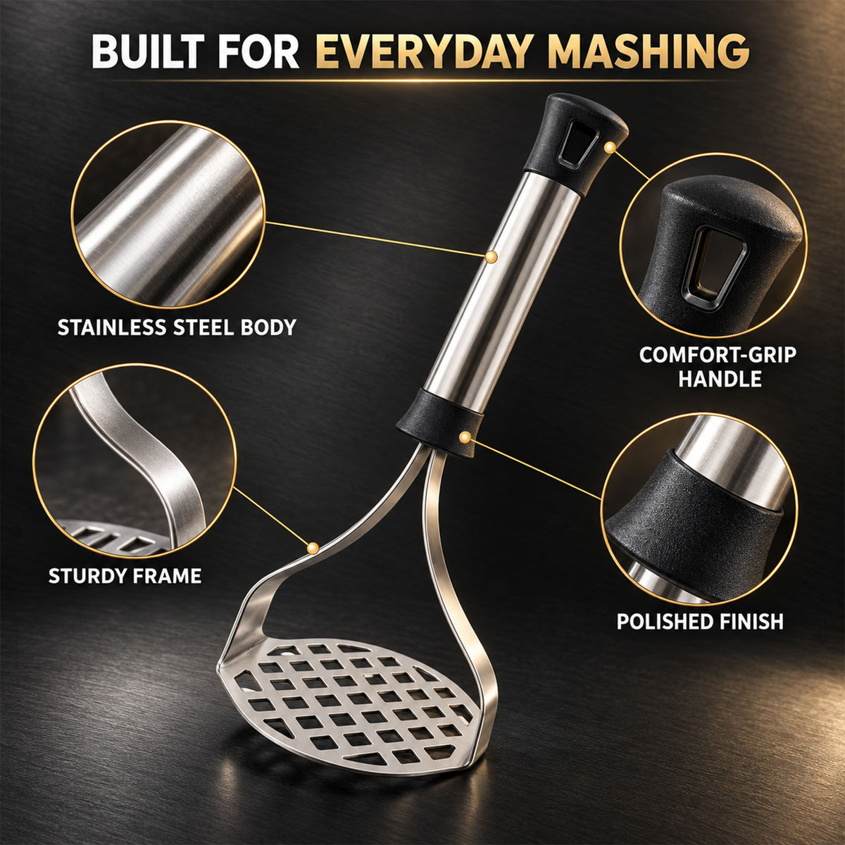 Apex Stainless Steel Potato Masher, Pav Bhaji Masher with Grip Handle (1 Pc)