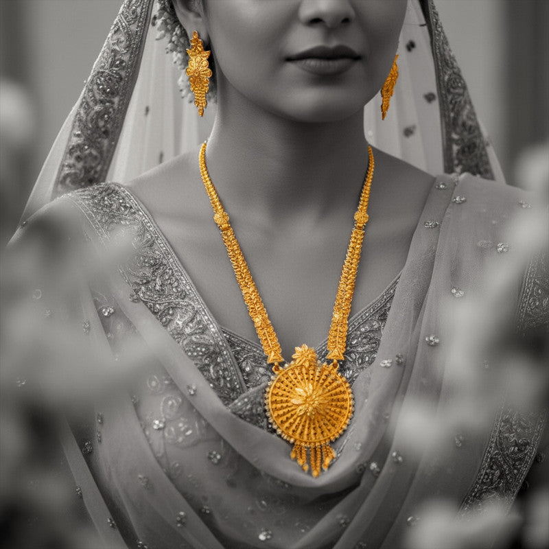 Sunburst Floral Heritage Necklace Set with Detailed Engraved Pendant & Matching Earrings