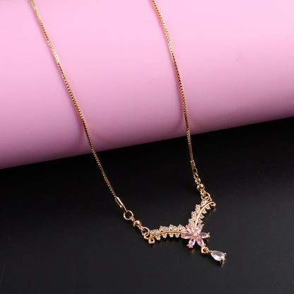 Elegant Floral V-Shape Pendant Necklace – Gold-Plated Chain with Sparkling Stones