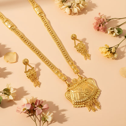 Gold-Tone Traditional Necklace Set with Ornamental Pendant & Matching Dangling Earrings