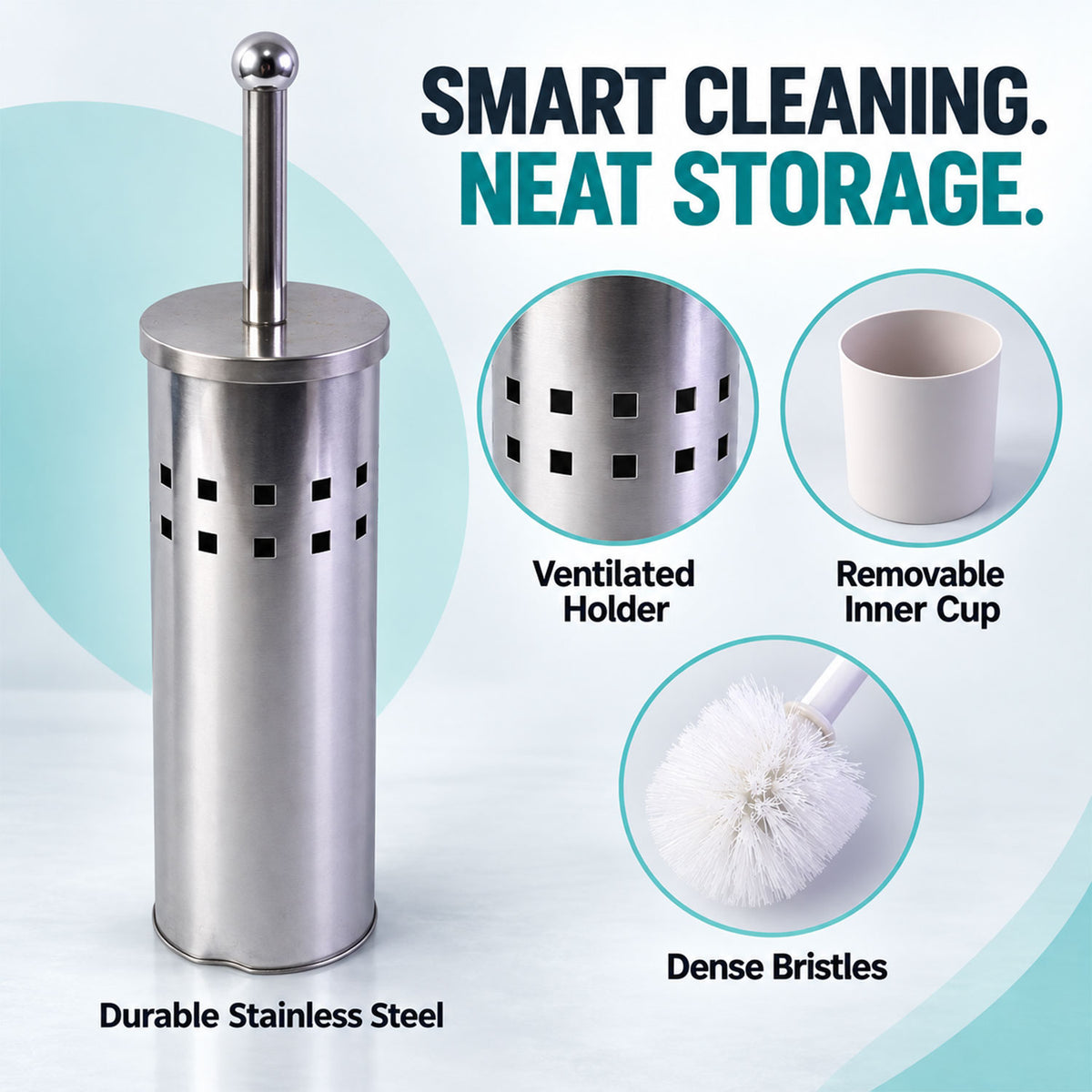 Stainless Steel Toilet Brush with Holder, Toilet Cleaning Brush Stand (1 Set)