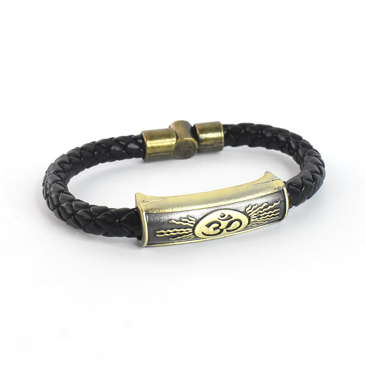 Om Charm Magnetic Gold Clasp, Black Leather Bracelet