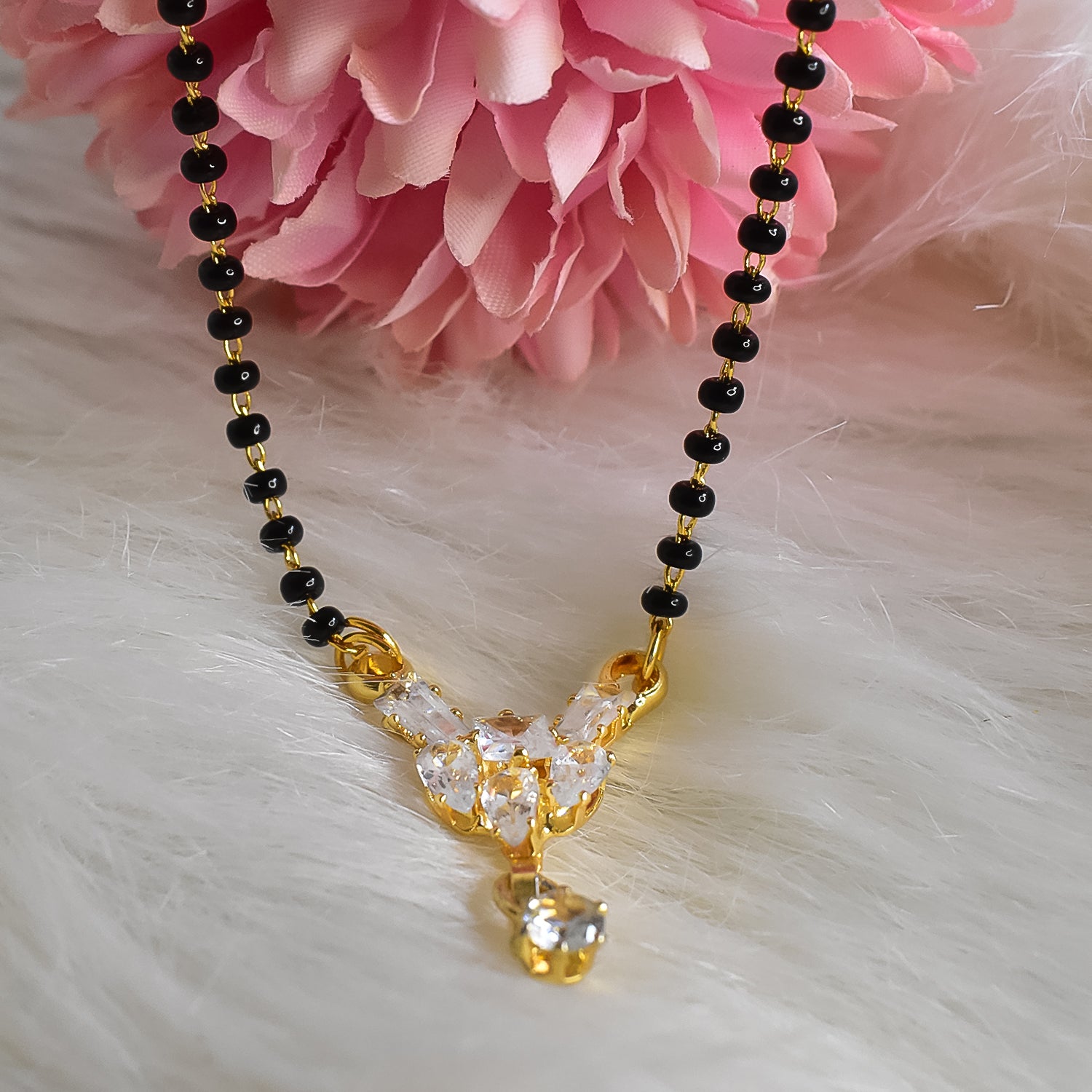 American Diamond Studded Black Beaded Chain Floral Design Handcrafted Delicate Mangalsutra for Women and Girls Gifting for Karwachauth