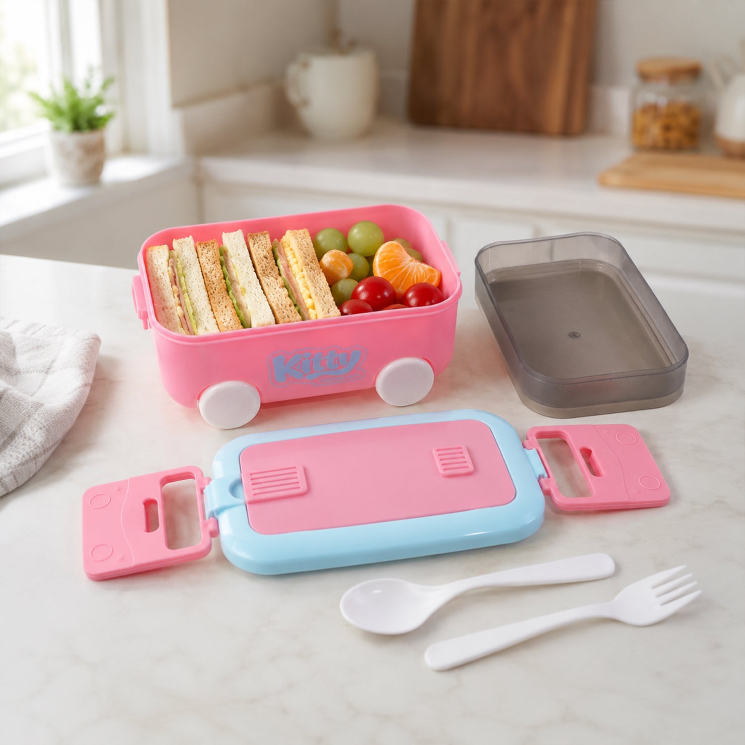 Car Shape Kids Lunch Box with Wheels Spoon and Fork for School Tiffin (1 Set)