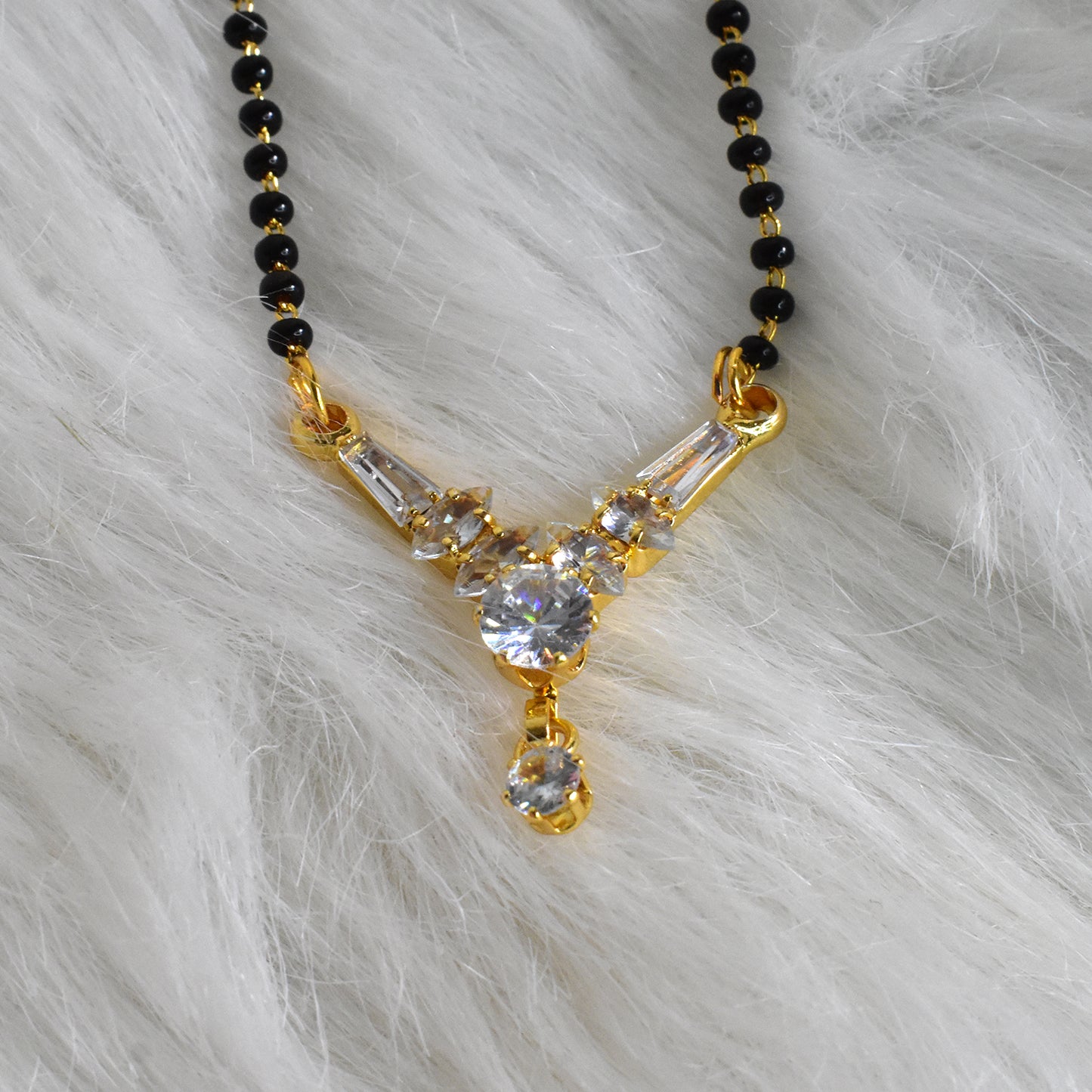 Gold Plated Mangalsutra American Diamond Pendant Black Bead Chain For Women