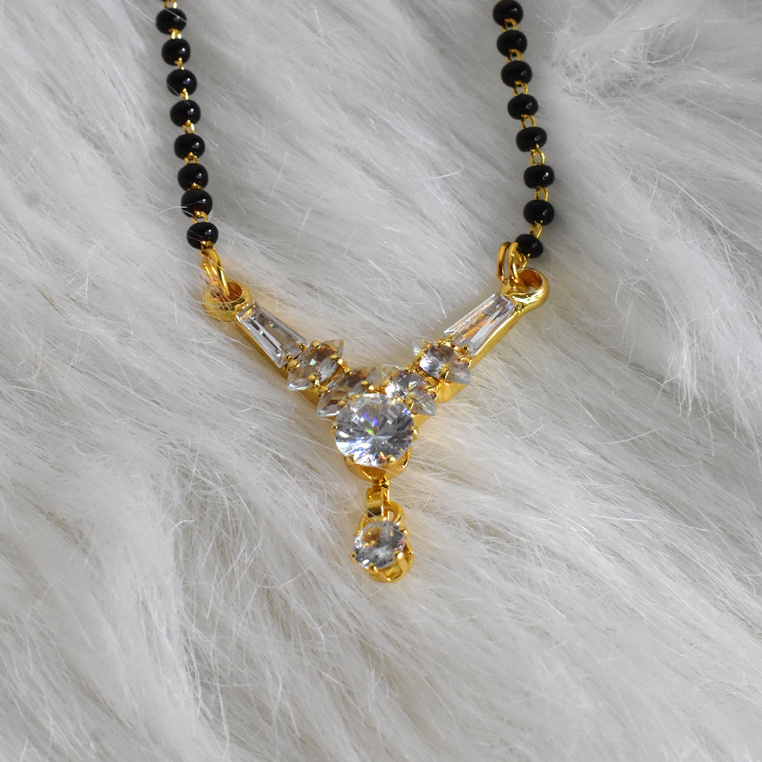 Gold Plated Mangalsutra American Diamond Pendant Black Bead Chain For Women