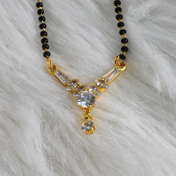 Gold Plated Mangalsutra American Diamond Pendant Black Bead Chain For Women