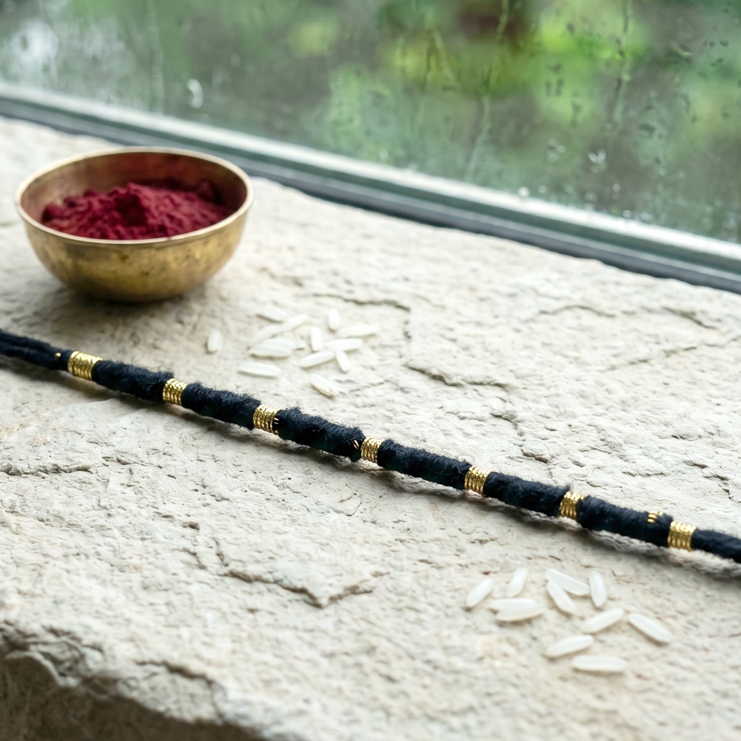 Handmade Black Thread Bracelet Rakhi with Gold Beads (1 Pc)