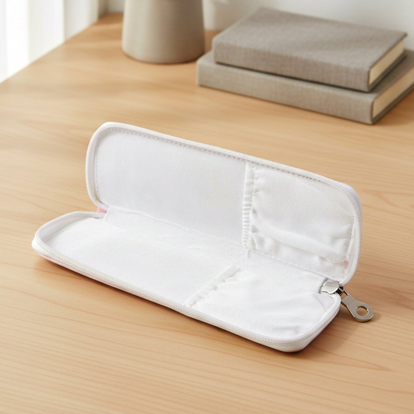 Hand holding portable zip closure makeup pouch