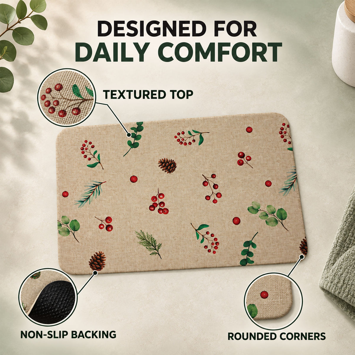 Botanical Berry Print Bath Mat, Linen Look Anti-Slip Floor Rug (1 Pc, 57x38 Cm)