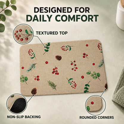 Botanical Berry Print Bath Mat, Linen Look Anti-Slip Floor Rug (1 Pc, 57x38 Cm)