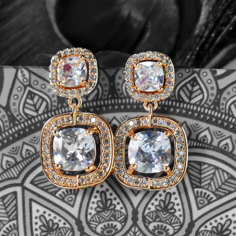 Elegant Double Square CZ Stone Drop Earrings for Women