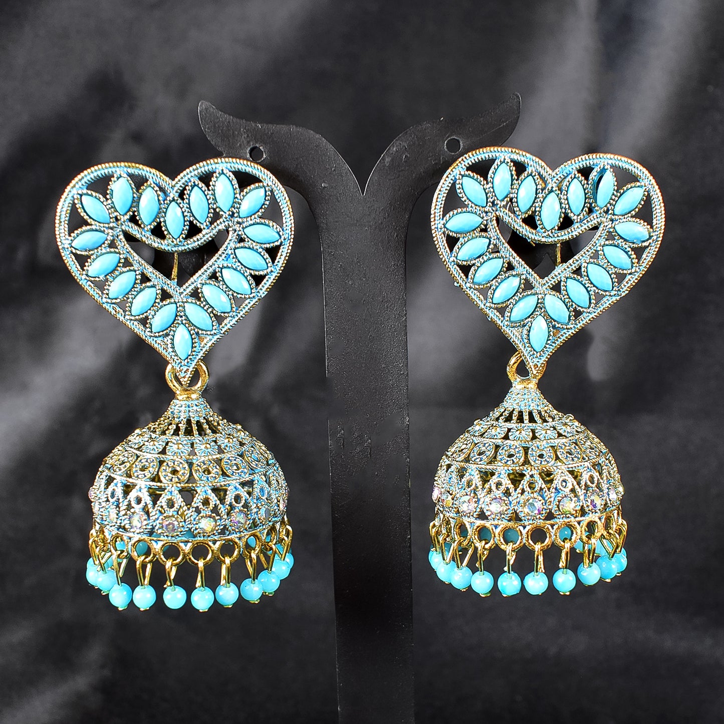 Heart-Shaped Blue-Coloured Jhumka Earrings with Elegant Detailing