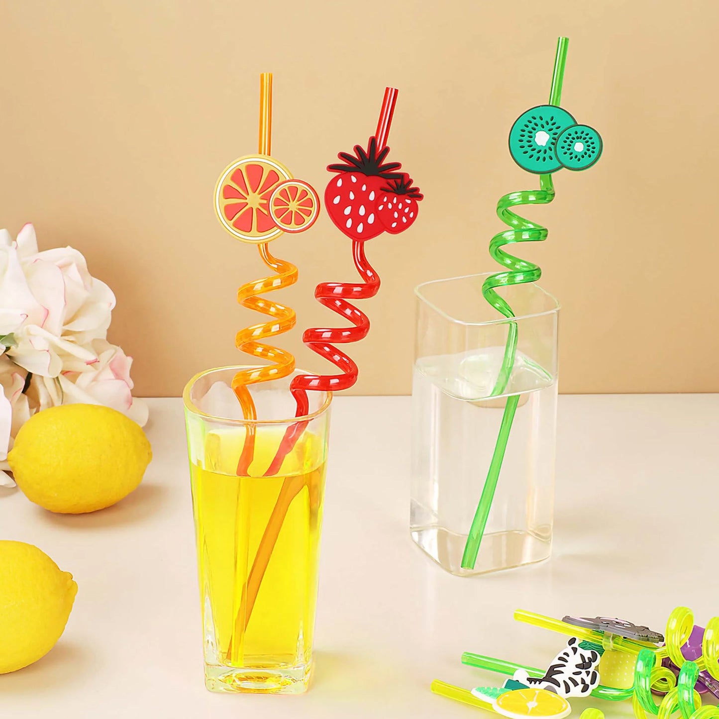Multiple cartoon truck styled plastic straws bundled together