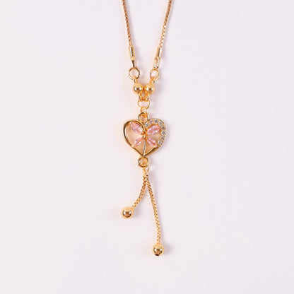 Heart Charm Drop Pendant Necklace – Elegant Gold-Plated Chain with Pink Stones