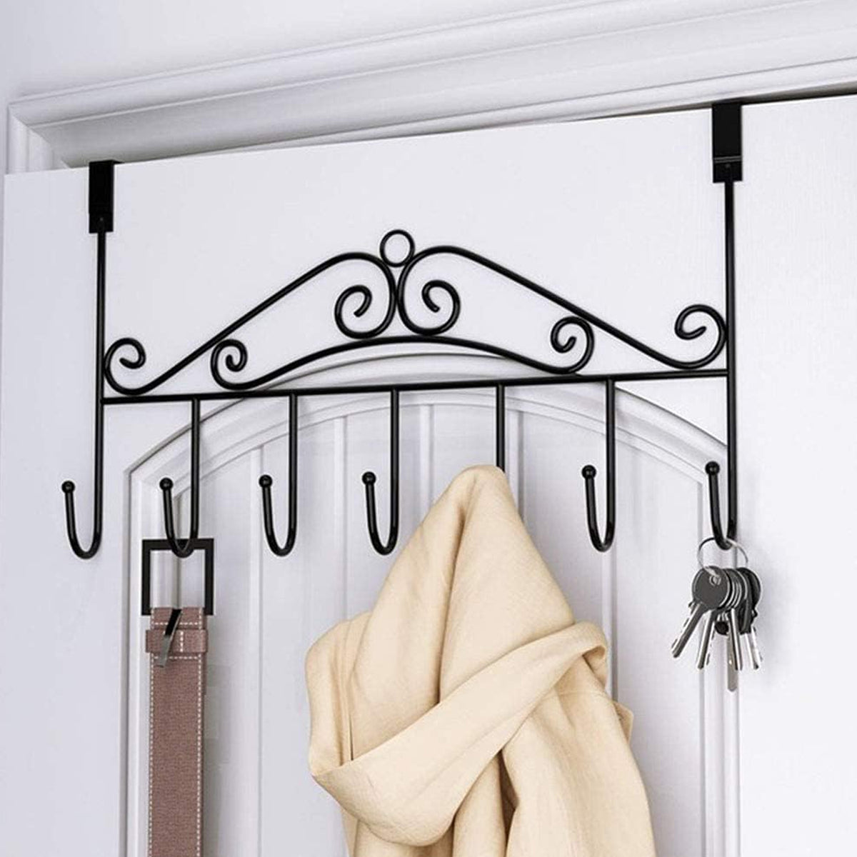 Over The Door Hooks,Over The Door Hanger for Hanging,Over Door Towel Rack  Coat Rack Hanger Hooks for Clothing,Anti-Rust Overdoor Organizer Rack with  7 Hooks for Bathroom Bedroom Hat Purse Robe White 