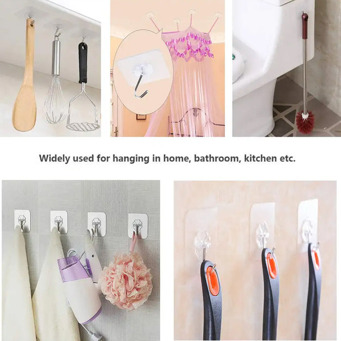 Self Adhesive Heavy Duty Waterproof Transparent Sticky Plastic & Stainless Steel Wall Hooks (10 Pc Set)
