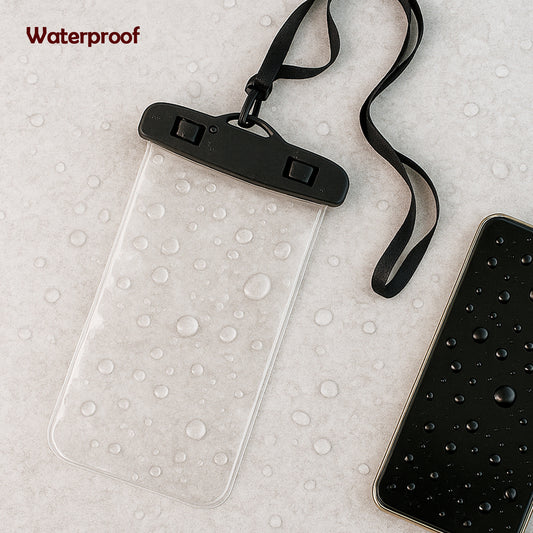 A clear mobile pouch and a phone covered in water droplets, with a black neck strap and a red droplet logo on the pouch.