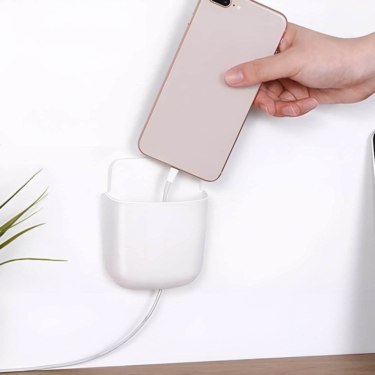 Side view of multi-purpose plastic storage pocket on wall