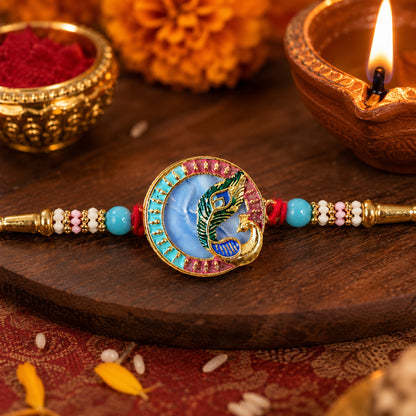 Peacock motif Rakhi with decorative beads on soft thread