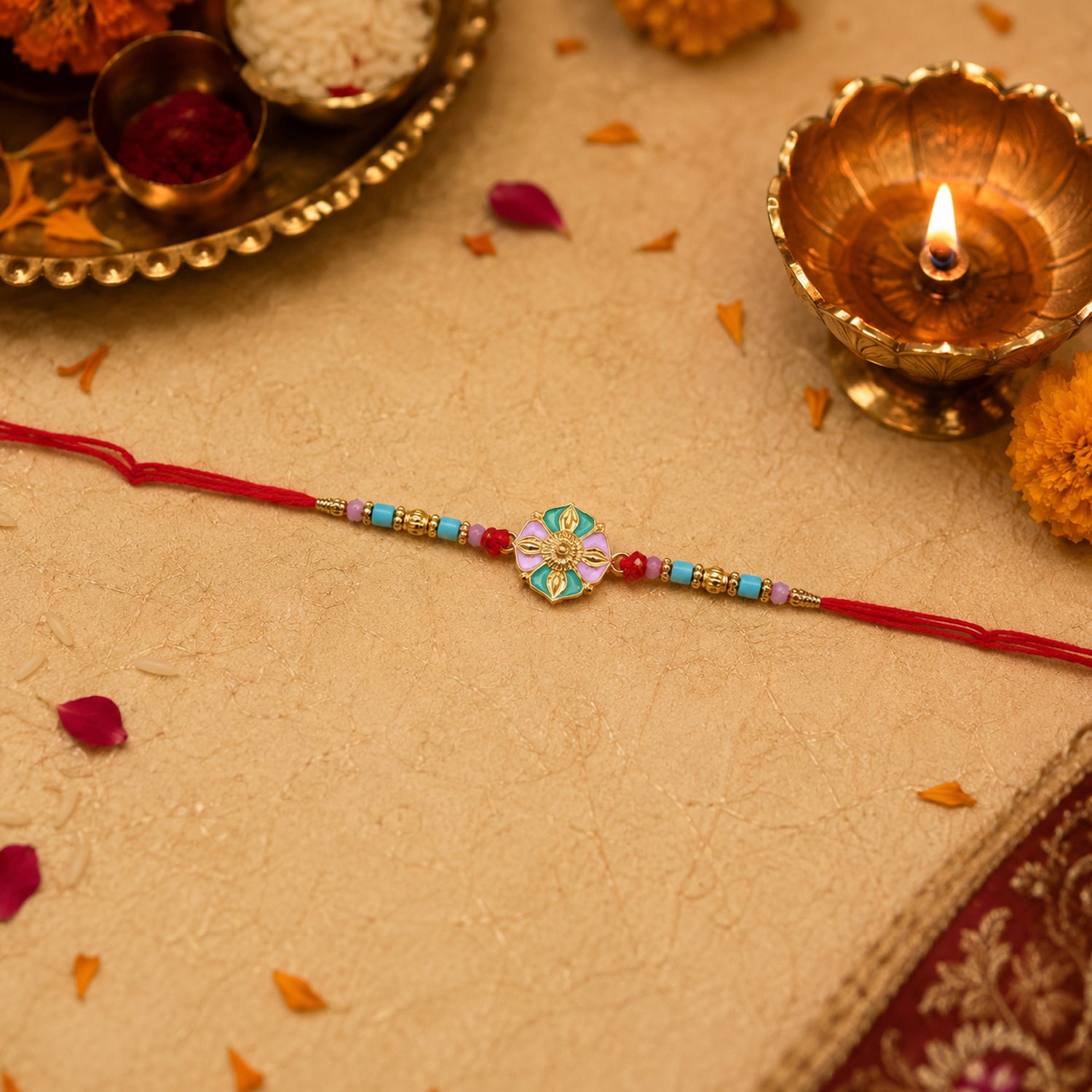 Flower Rakhi showing colorful beads and stylish centerpiece