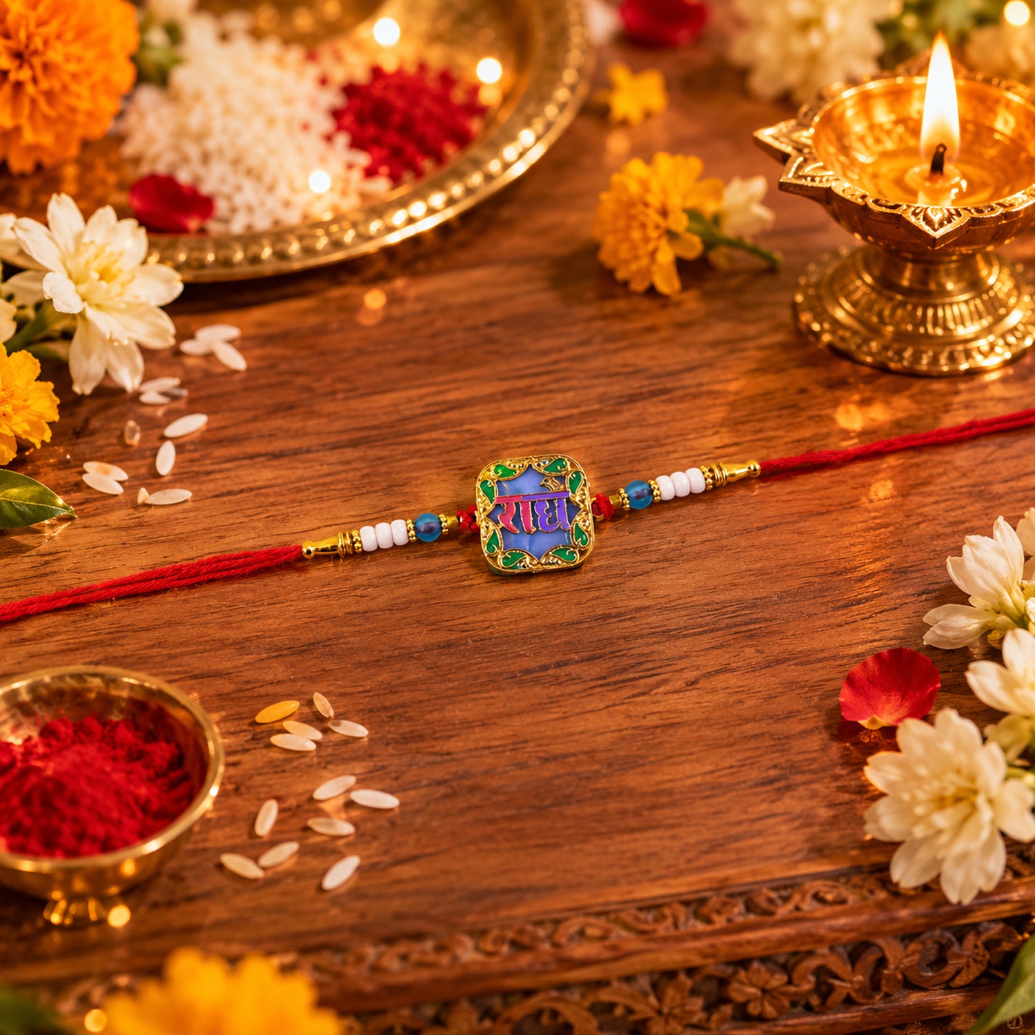 Stylish designer Rakhi with Radhe engraving and beads