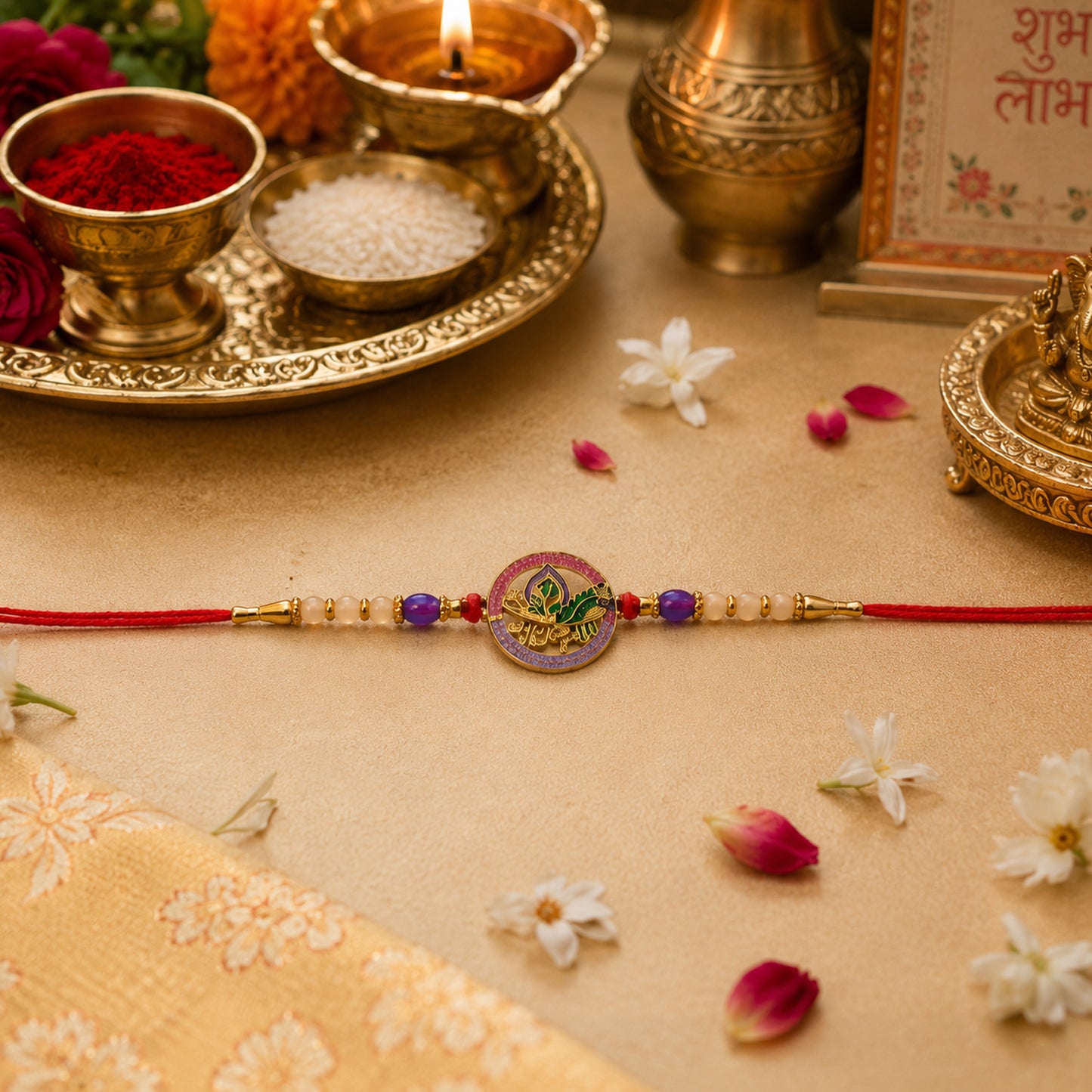 Festive rakhi showing decorative beads and colorful design