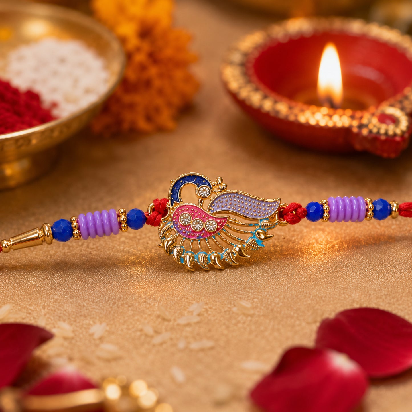 Designer Peacock Rakhi with Beads and Thread Traditional Rakhi (1 Pc)