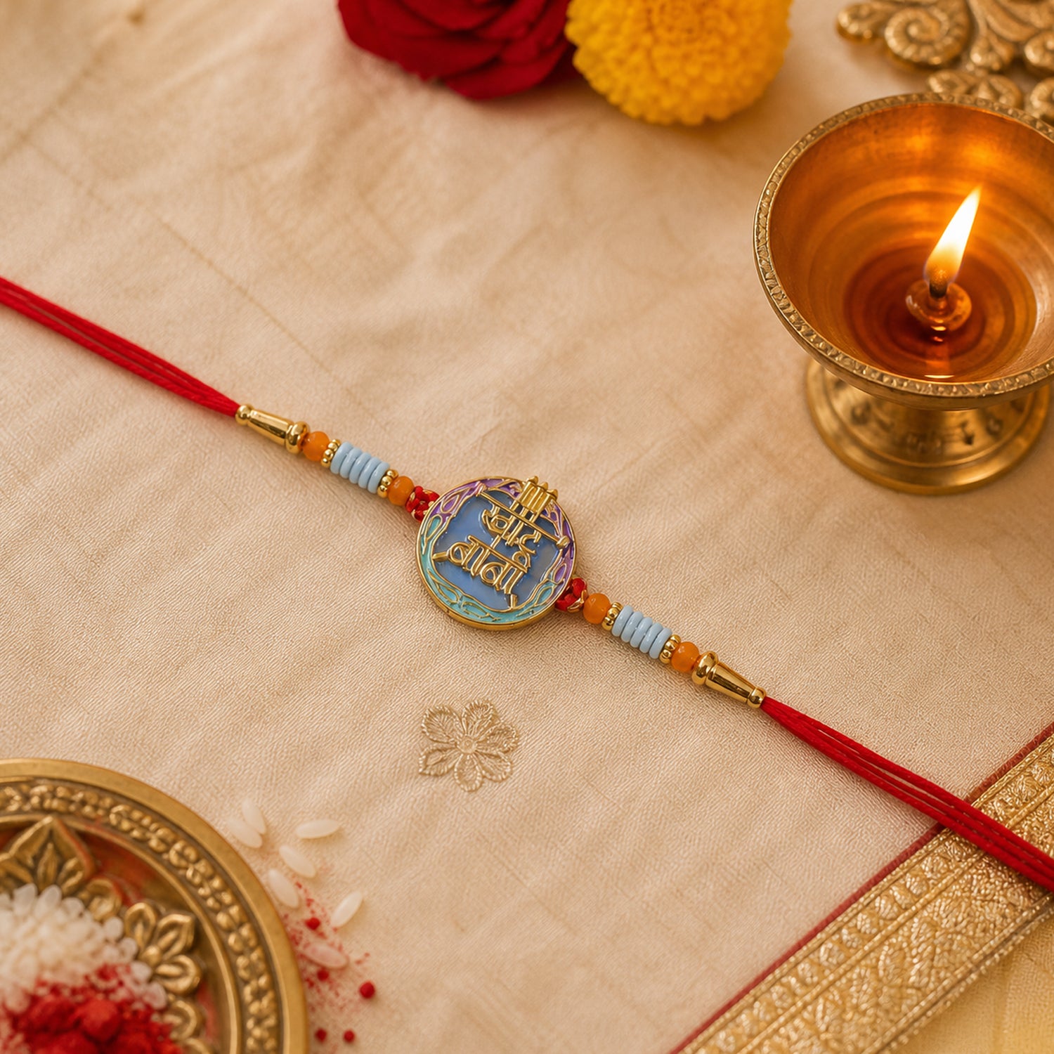 Festive Rakhi with religious symbol and bright colors