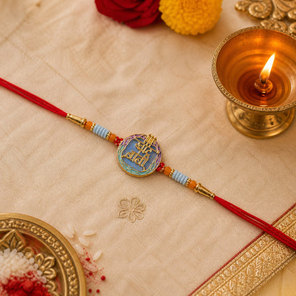 Festive Rakhi with religious symbol and bright colors