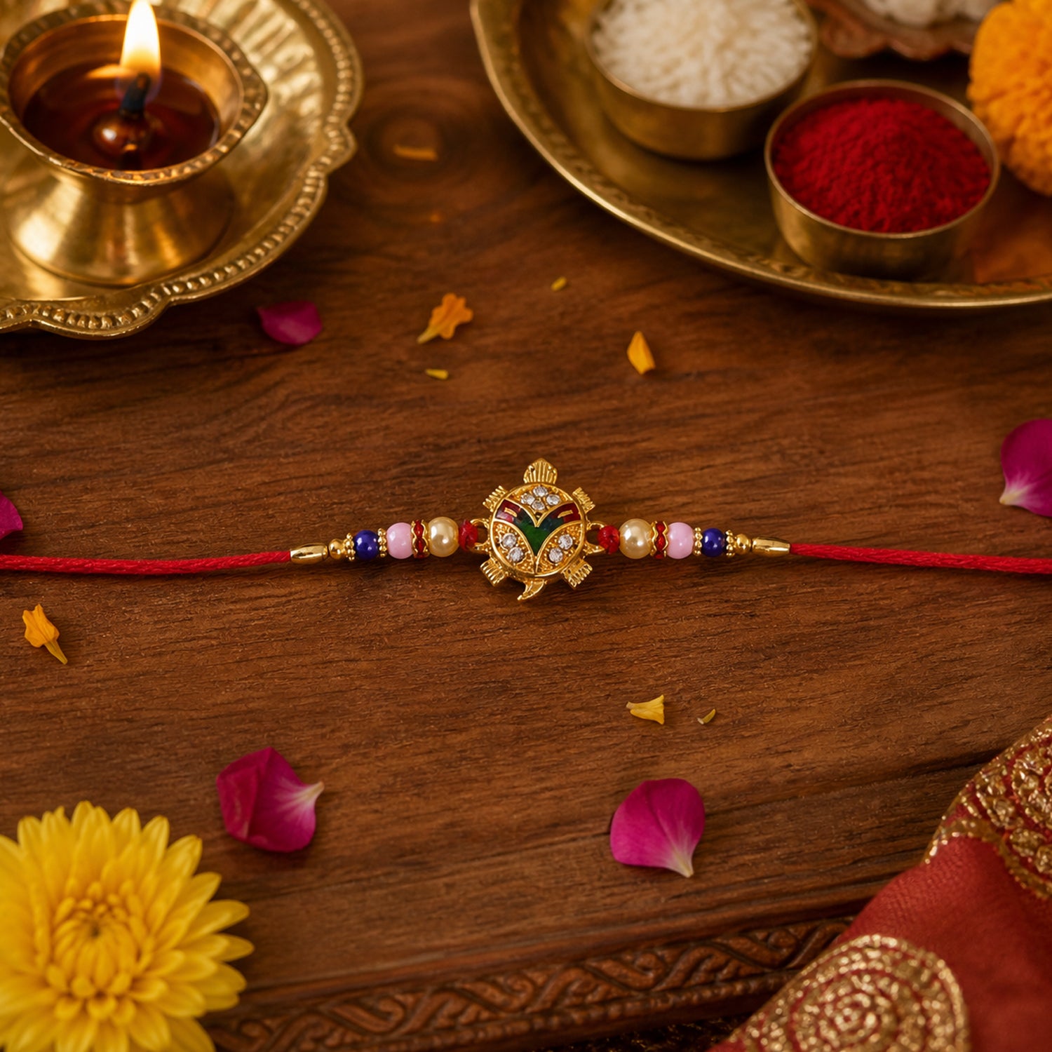 Traditional Tortoise Charm Rakhi with decorative background