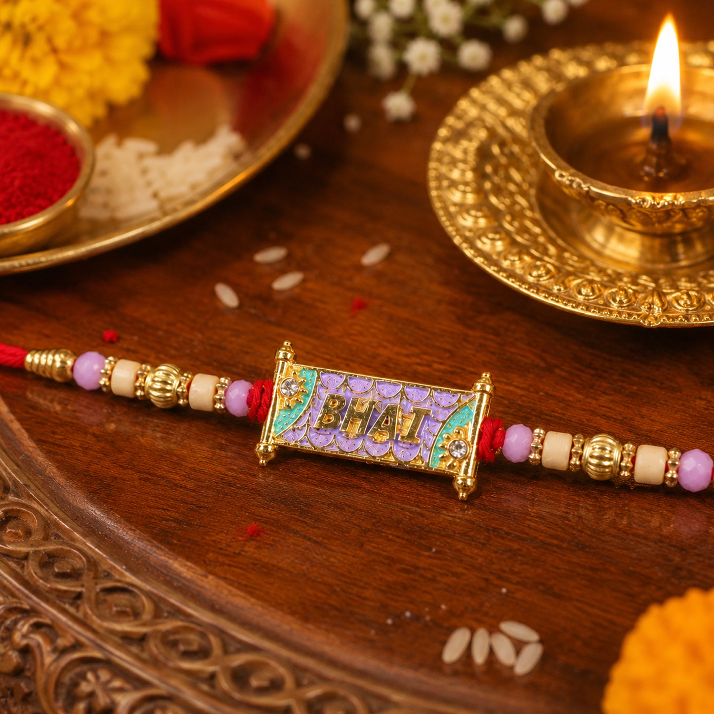 Close-up of colorful bead design on Bhai Rakhi