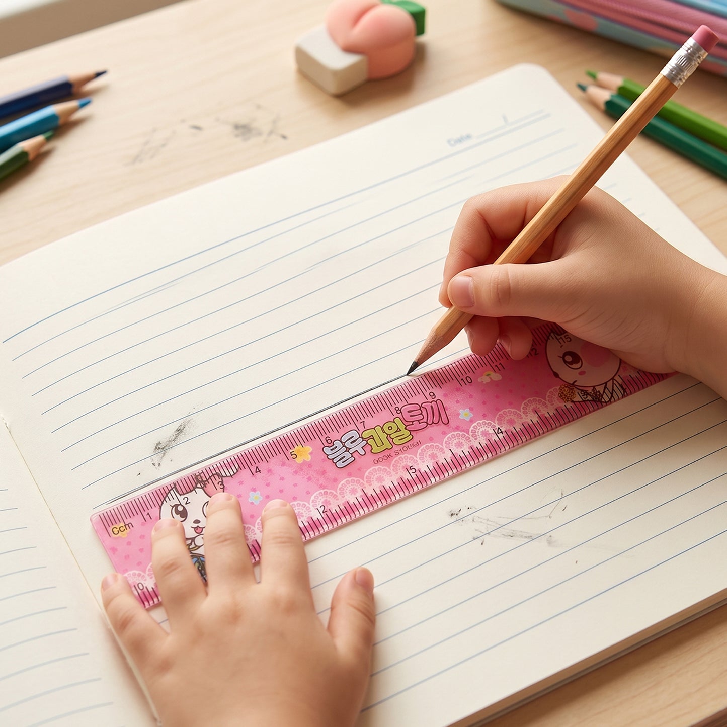 Detail view of kids school stationery kit