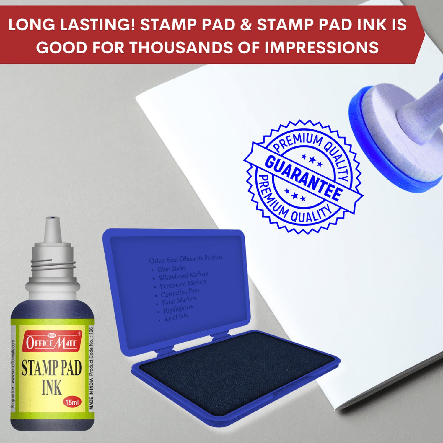 Officemate Stamp Pad Ink Blue – 15 ml Bottle | Fade-Resistant, Quick-Drying Refill Ink