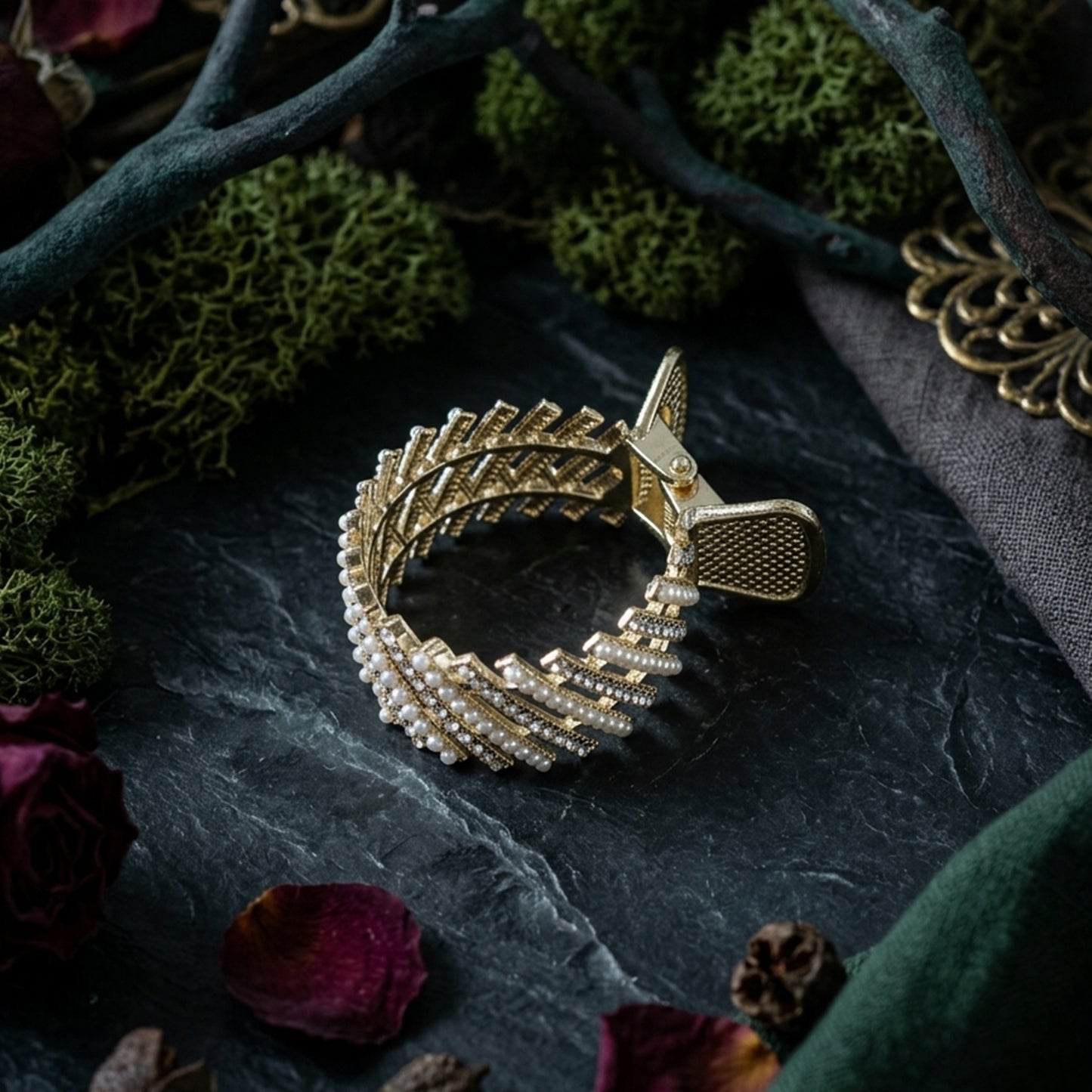 Pearl studded metal hair claw clip for women