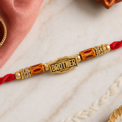 Red Thread Rakhi with Wooden Beads and a Personalised 'Brother' Charm