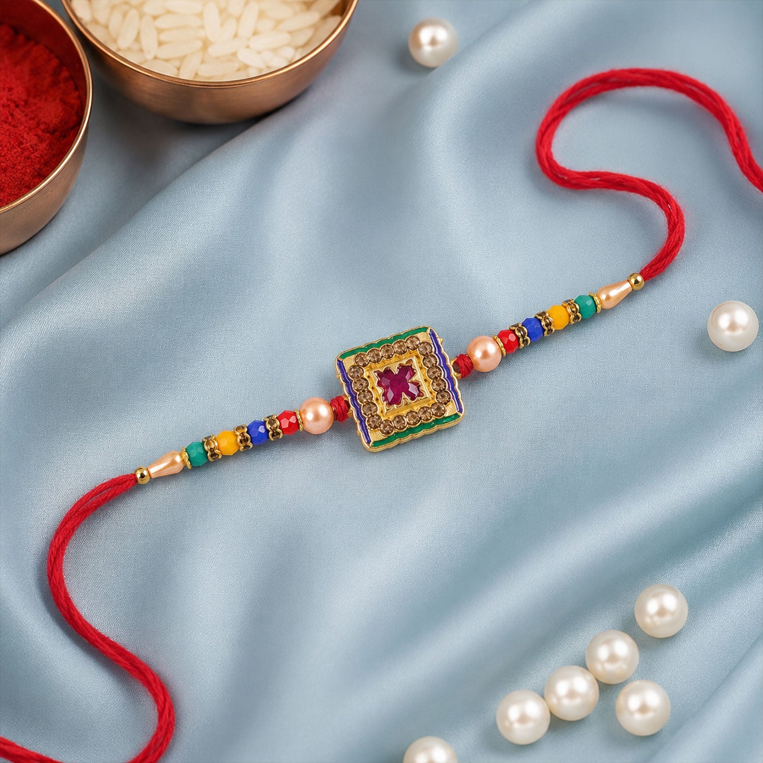 Antique Meenakari Floral Designer Rakhi for Brother, Multicolour Beads