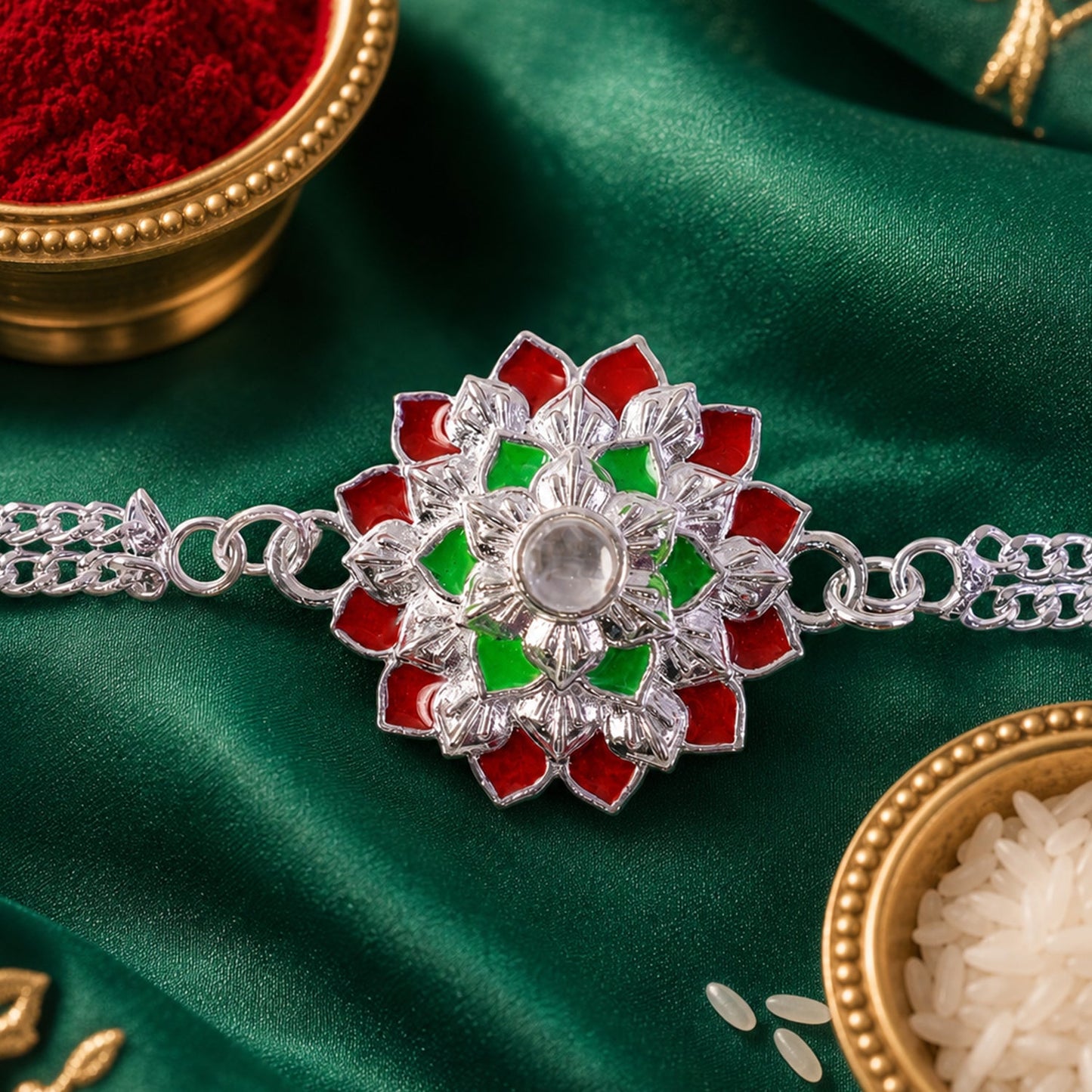 Designer Floral Rakhi Silver Toned Stone Rakhi for Brother (5pcs)